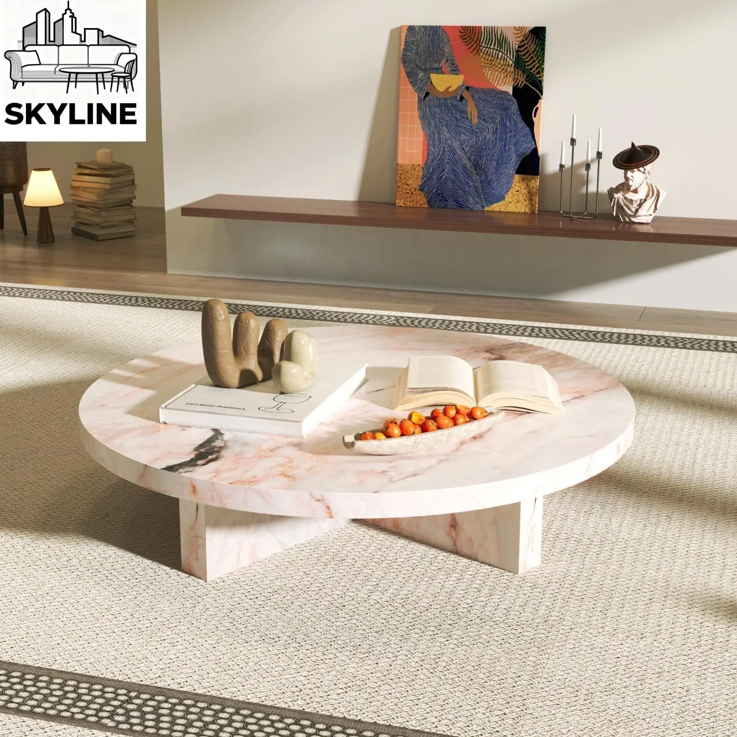 

"Pink Jade Round Coffee Table - Luxury Marble Slate Side Table for Spacious Living Room, High-End Stone Tea Table"