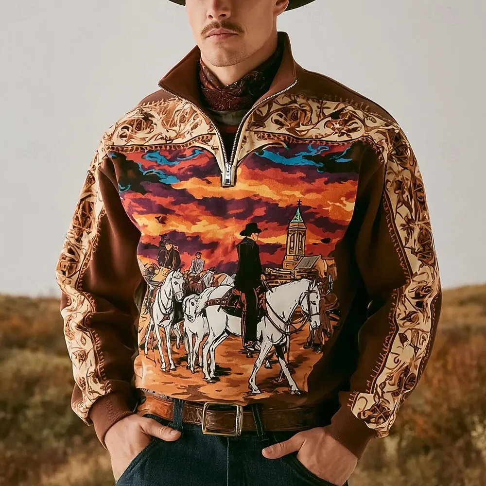 

Vintage Cowboy Style Zipper Sweatshirt For Men 3D Print Fashion Cool Graphic Long Sleeve Clothes Autumn Winter Half Zip Pullover
