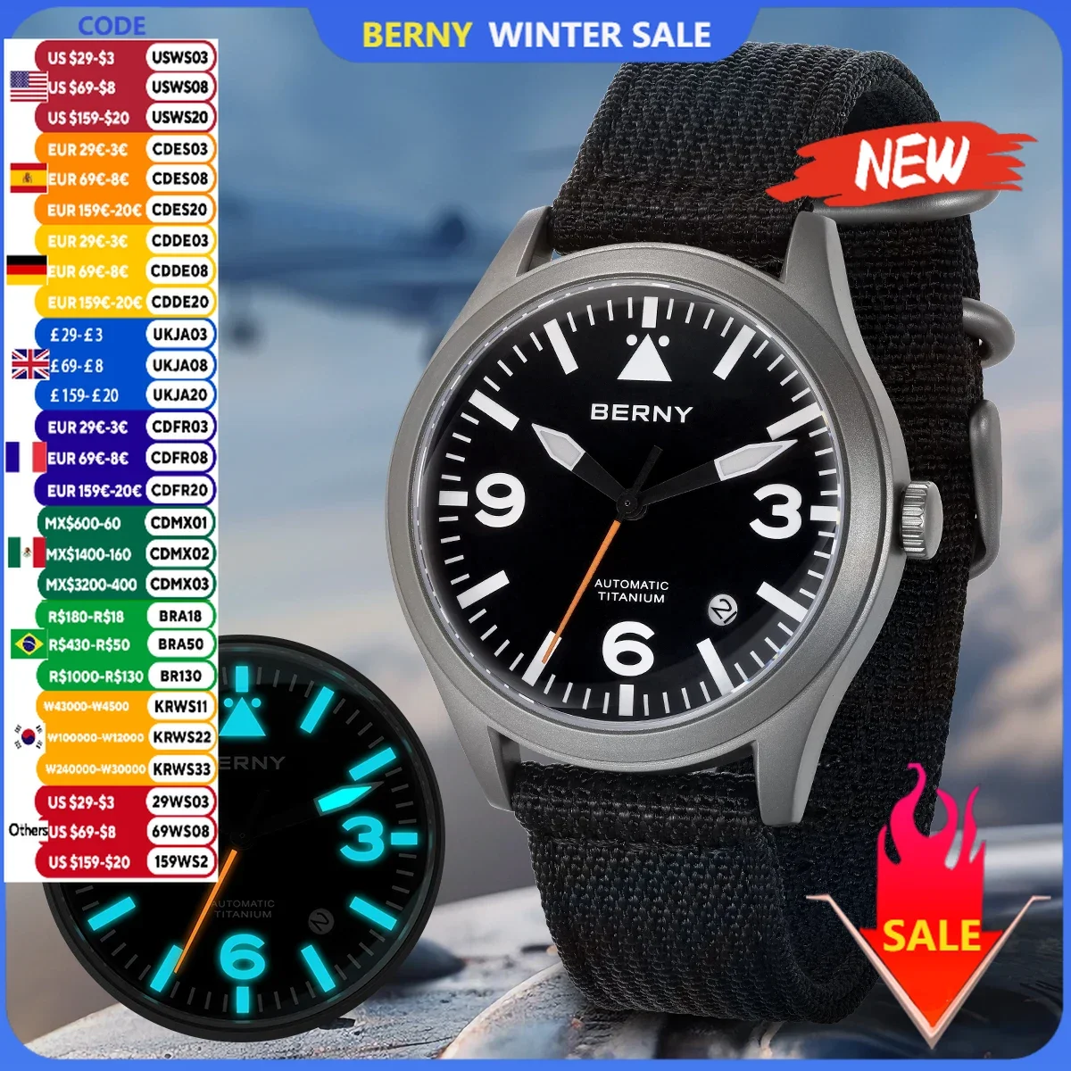 BERNY Pilot Titanium Automatic Watch for Men Sapphire AR Coated 10Bar Supper Luminous Men Wristwatch Sports Aviation Men Watches