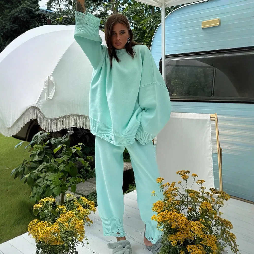 

Women's 2 Piece Sweater Sets Outfits Long Sleeve Knit Pullover Oversized Tops Narrow Leg Pants Lounge Sets Tracksuits Solid Suit