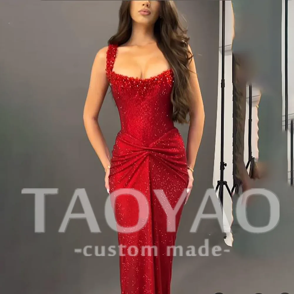Vestidos de festa de lantejoulas vermelhas sereia cinta de espaguete gola quadrada sob medida vestido de ocasião em linha reta sem costas pescoço quadrado vestidos longos