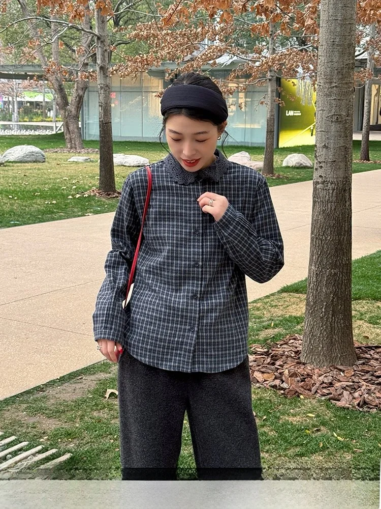 

Женская рубашка Bebe Home Doll Collar в клетку с длинным рукавом, повседневная, весенний дизайн, уникальный стиль, дышащая, из смесового хлопка и полиэстера