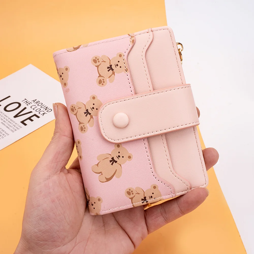 Women Short Wallets PU Leather Female Bifold Purses Cute Bear Card Holder Wallet for Girl Small Zipper Wallet with Coin Purse