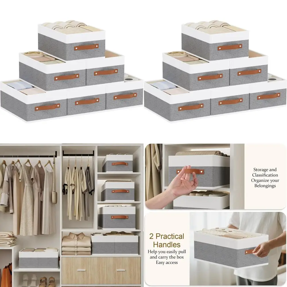 

6-Pack White & Grey Storage Boxes with Handles, 13x9.1x5.5 Inch Cube Organizers for Clutter-Free Drawers