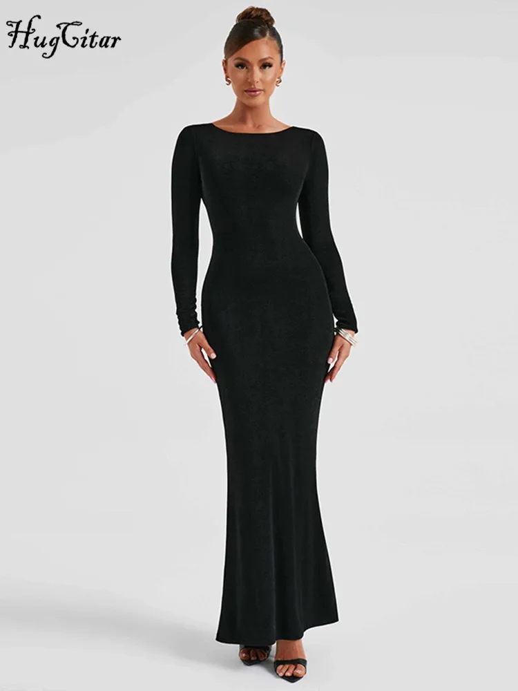 فستان طويل مكشكش من الدانتيل للنساء ، أكمام طويلة ، ملابس عارية الذراعين ، مثير ونحيف ، حفلة مسائية وحفلات زفاف ، أنيقة وأحادية اللون ، خريف