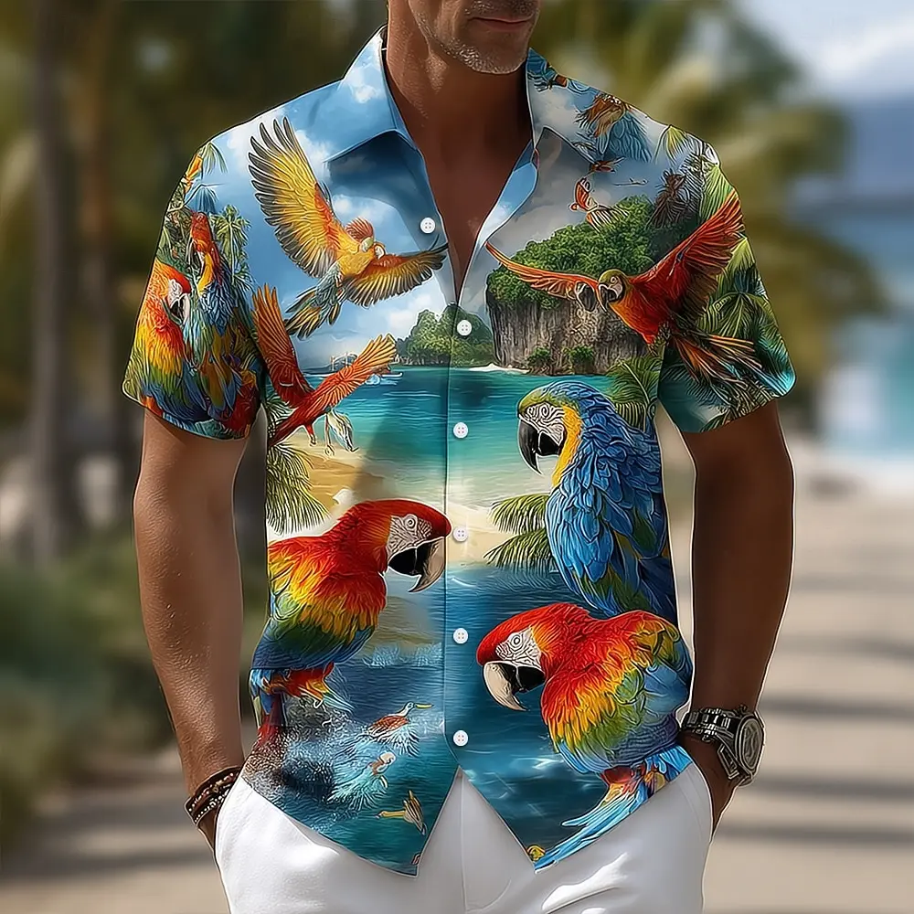 

Men's Short Sleeve Hawaiian Shirt Parrot Bird Tropical Flowers 3D Print Turndown Collar Beach Wear for Vacation Outfit Summer