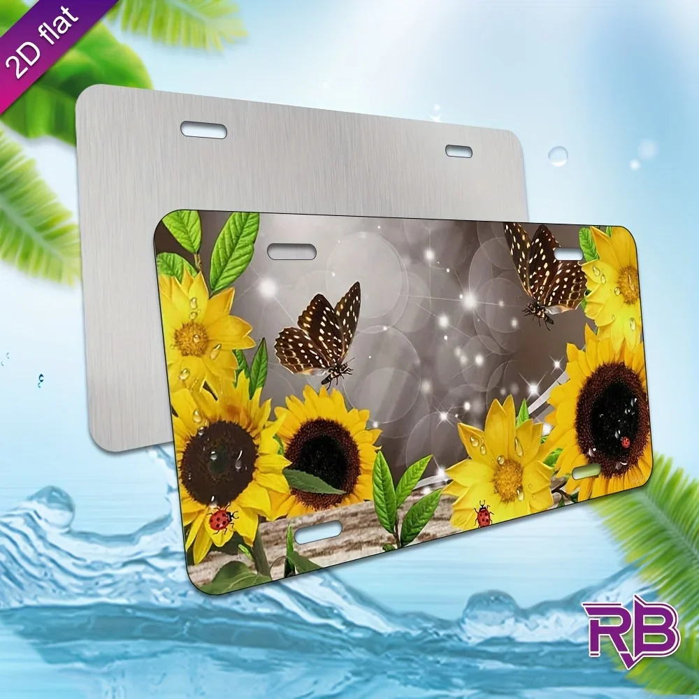 2D Flat 1pc Large Sunflower And Butterfly Metal Wall Decor UV Printed Sign,with Vibrant Yellow Sunflowers,Green Leaves And Bl