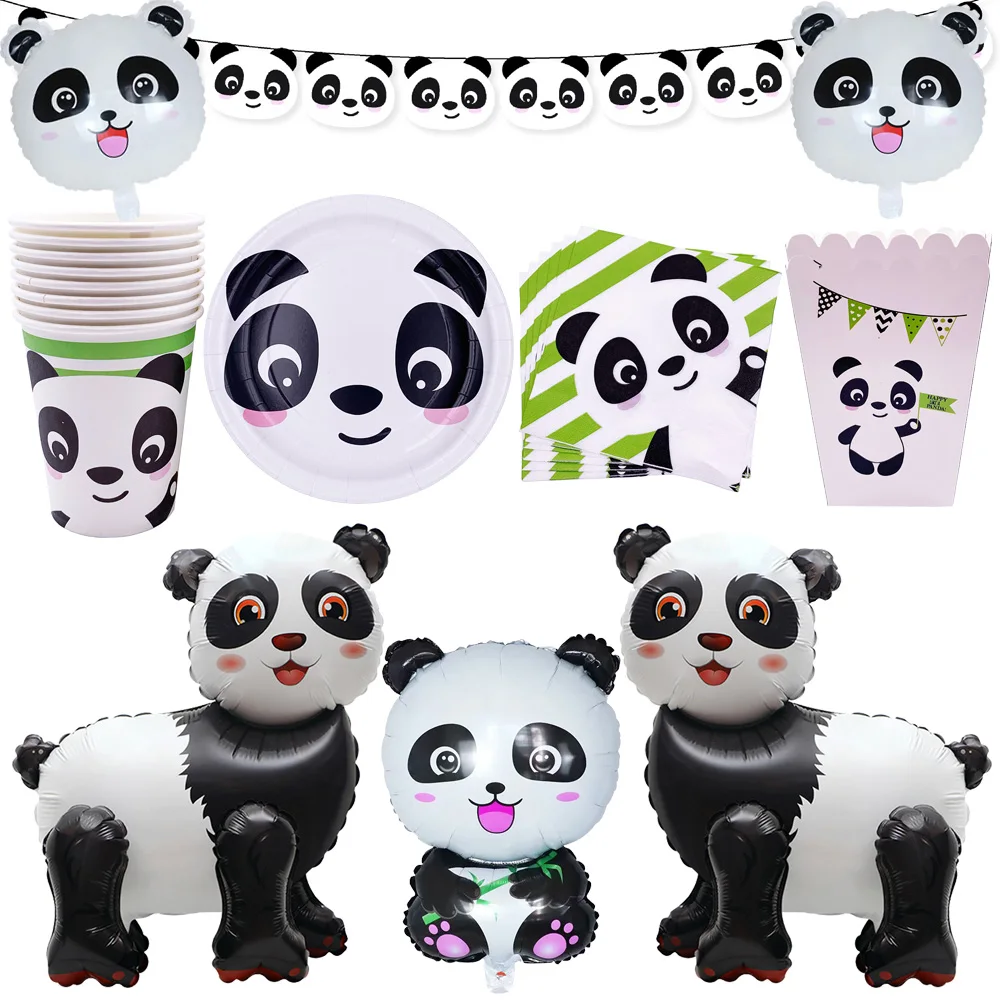 Panda Disposable Tableware Panda Plates Cups Napkins Banner Popcorn Boxes Panda Balloon Kids Baby Shower Birthday Decorations