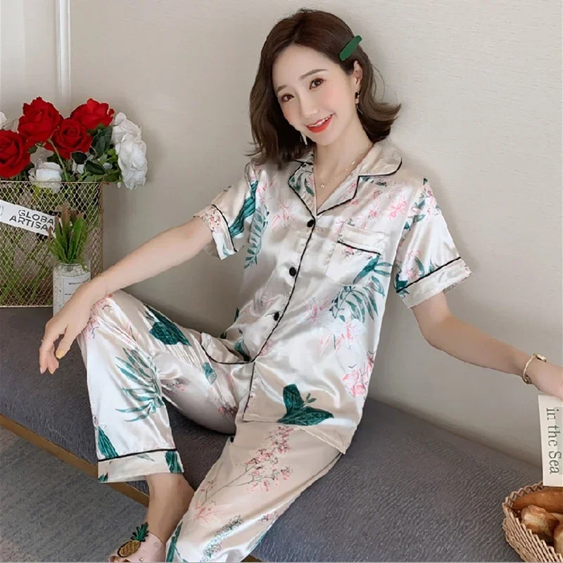 Satin Silk Pajamas Set for Women Cartoon Printed Turn-down Collar Short SleeveTops+Long Pants Nightgown Sleepwear Plus Size 5XL