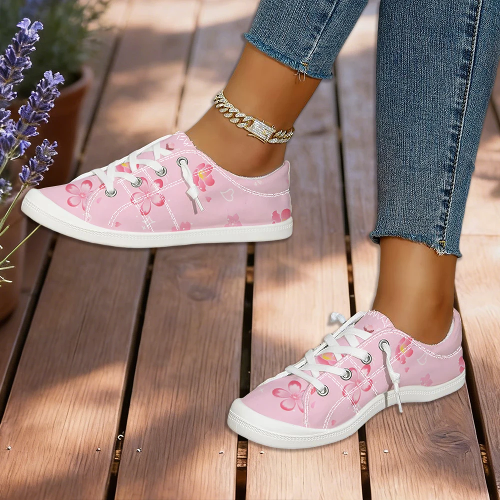 2026 Summer New Pink Cherry Blossom Canvas Shoes for Women, Fresh Floral Low-Top Casual Shoes, Slip-On Breathable Flat Shoes