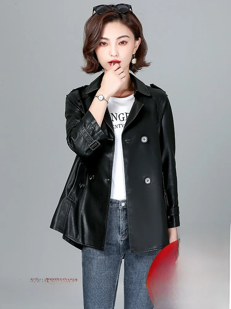 

Spring Autumn New Sle 2025 Women's ort Loose Fce Leather Jaet Slimming Large Size Outerwear Genuine eepskin