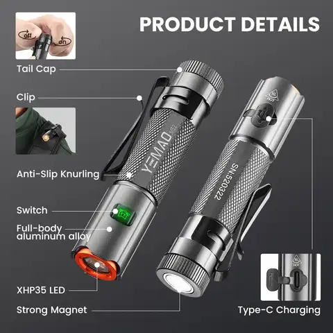 YEMAO M52 미니 손전등 비상 토치 충전식 휴대용 랜턴 핸드 램프 캠핑 라이트 1500LM 테일 자석 금속 클립