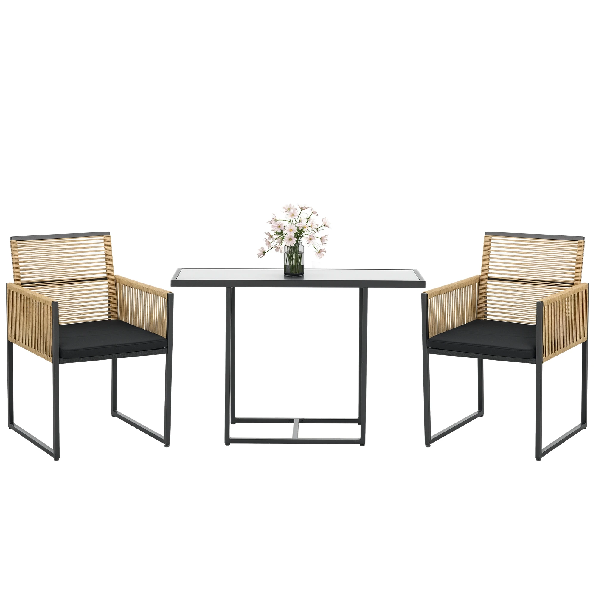 Outsunny Conjunto de Mesa y Sillas de Jardín Exterior de 3 Piezas Natural Negro