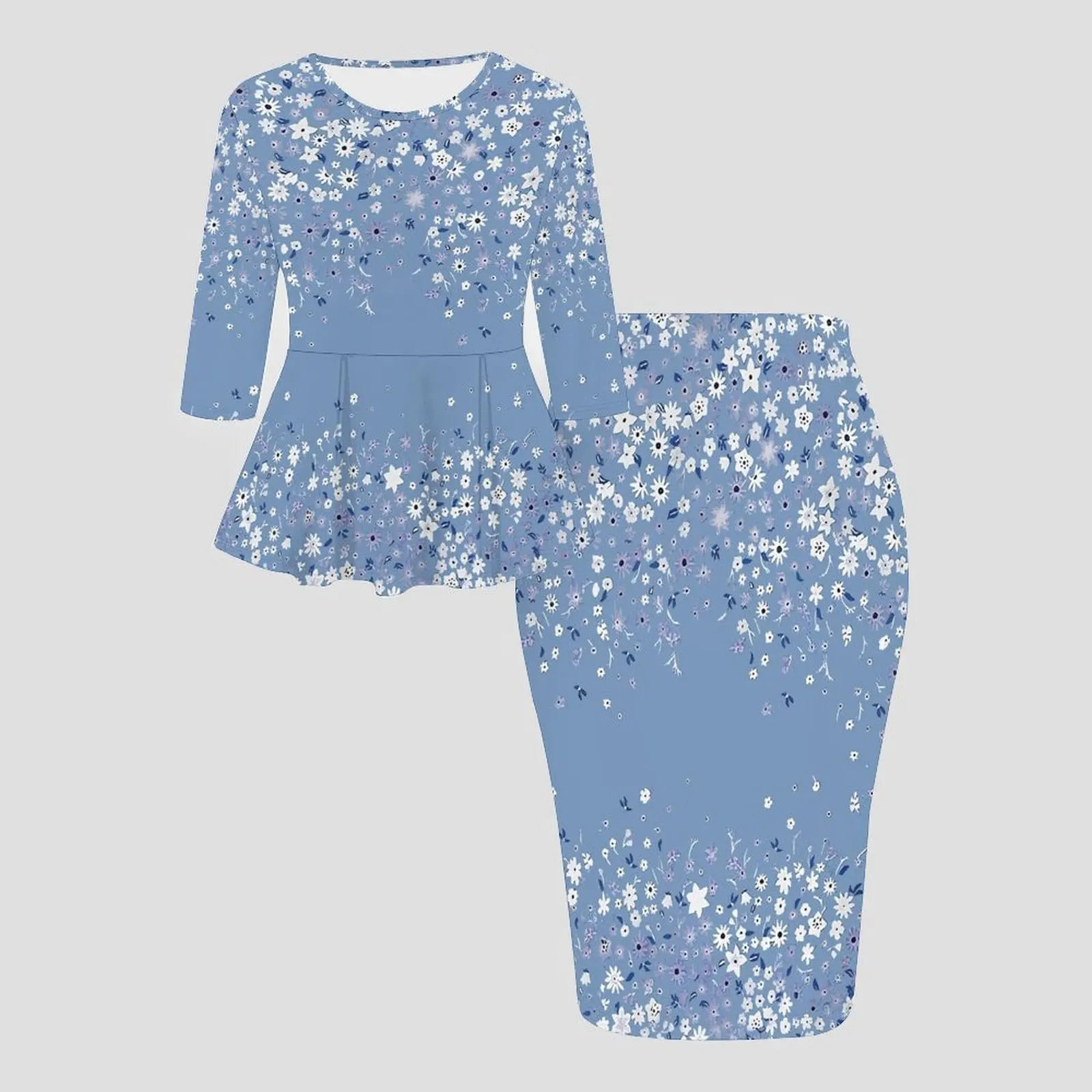 Ensemble deux pièces pour femme à imprimé floral vintage, jupe moulante à manches courtes et col rond pour l'automne et l'hiver, jupe de plage pour les vacances