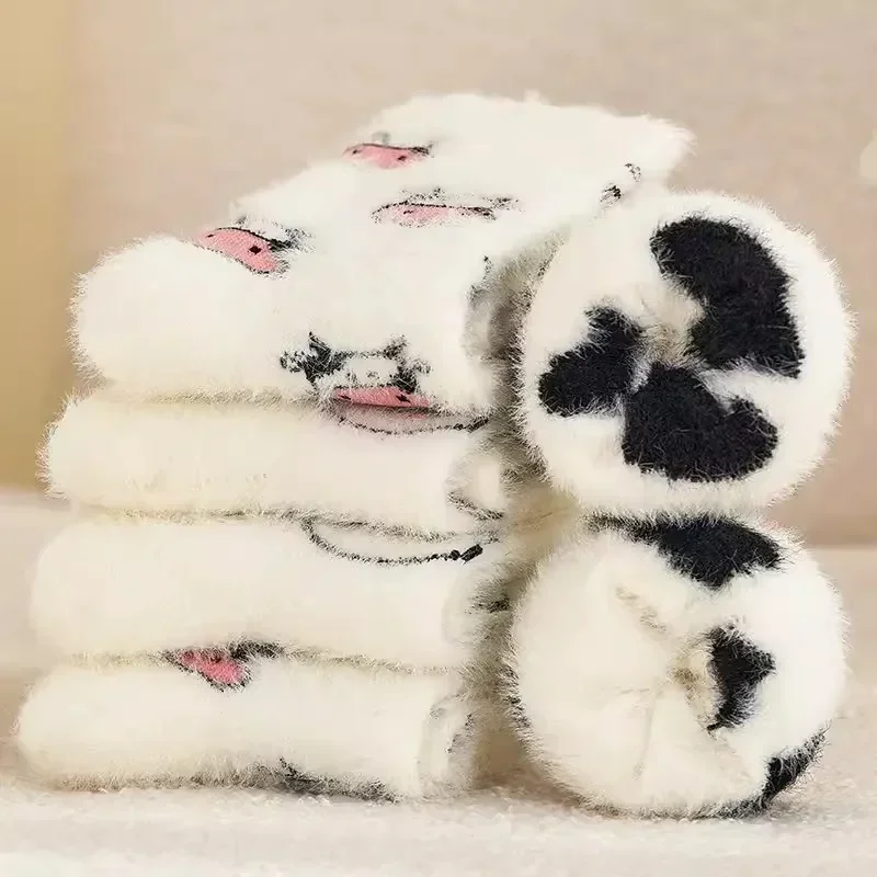 Sweet Cow Spot Mink Velvet Socks Imitation Winter Plush Warm Home Sleeping Socks Japanese Cartoon Furry Tube Socks