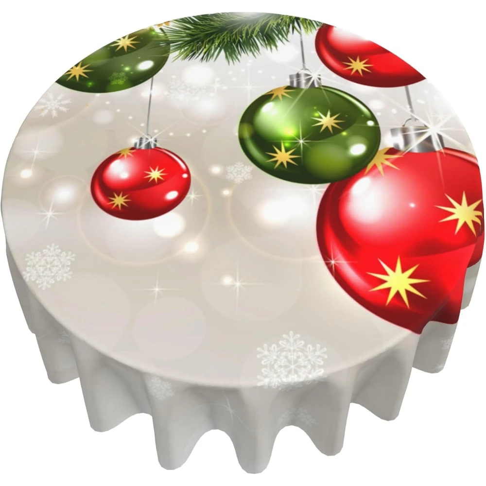 Round Polyester Tablecloths 50 Inch, Christmas Tree Decor Ball Decorative Tablecloth, Splashproof Washable Fabric Table Clothes