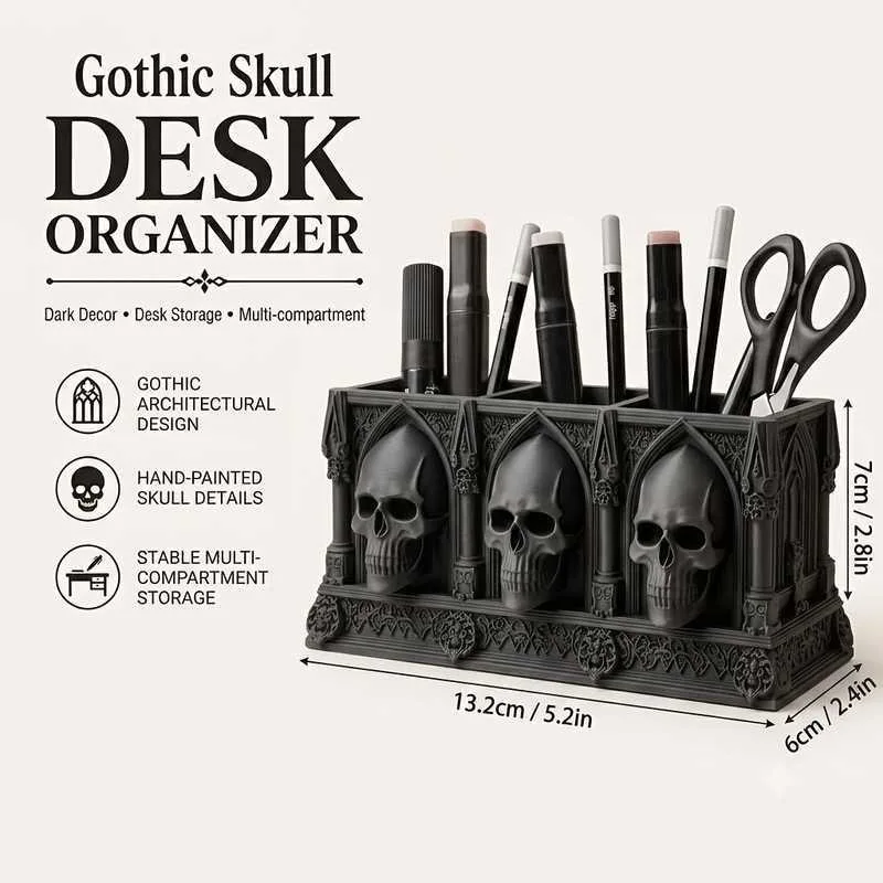 3D Printed Skull Pen Holder, Multi-functional Skull Makeup Brush Storage Rack, Gothic Desktop Skull Flower Pot. Pen Holder