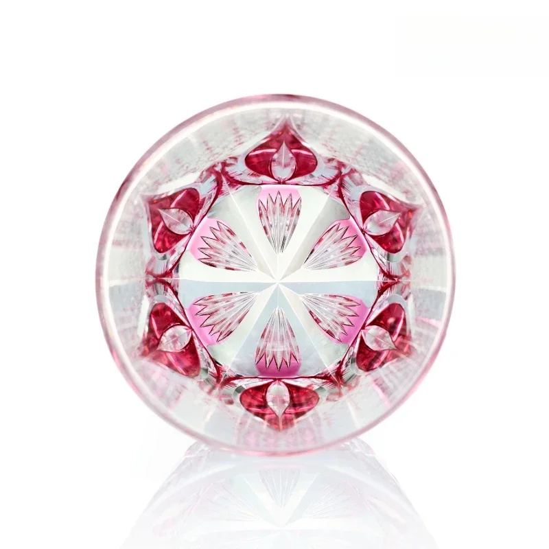 High-end Pink Crystal Edo Kiriko Whiskey Cup Hand Engrave Flame Liquor Wine Drinking Glass Brandy Snifter Top Present Wineglass