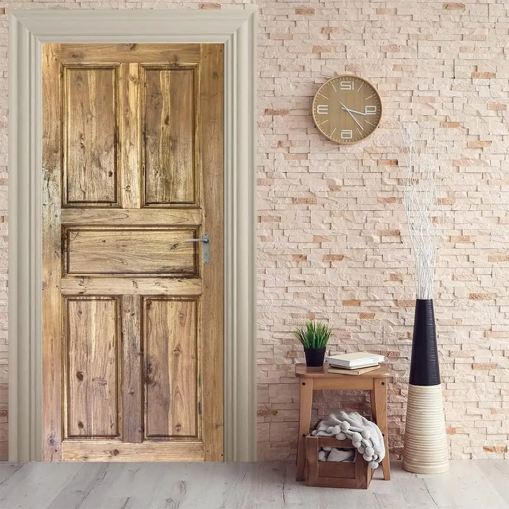 Rustic Wood Door Sticker, Vintage Natural PVC Waterproof Self-adhesive Mural, Removable Home Decor