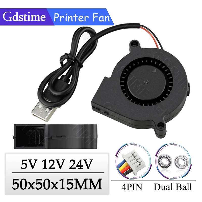 

Gdstime 5015 24V Fan 12V 5V Radial Fan 50x15MM Turbo Fan Blower 50MM Dual Ball Cooler for 3D Printer Parts Ventilation Cooling