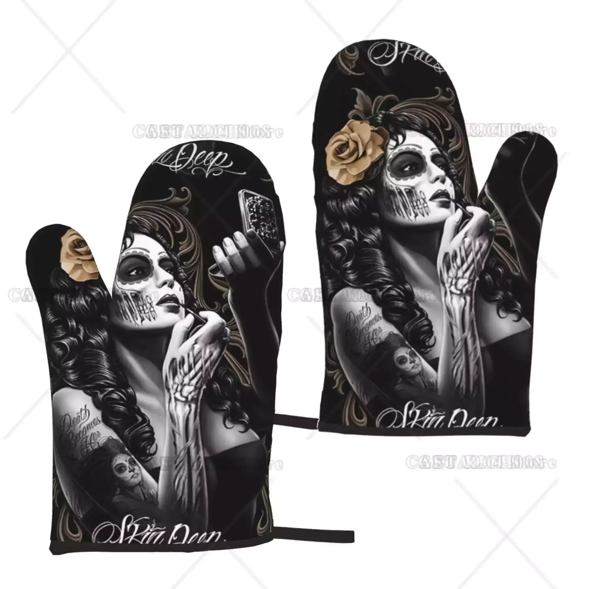 Sexy Women Skull Halloween Oven Gloves 2pcs Microwave Gloves Oven Gloves Heat Resistant Oven Mitts for Kitchen Bbq Cooking