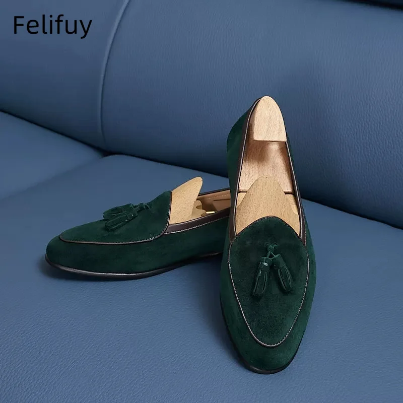 

Italian Luxury Cow Suede Men's Tassel Green Loafers Slip-on Handmade High Quality Genuine Leather Shoes Pointed Toe Flat Shoes