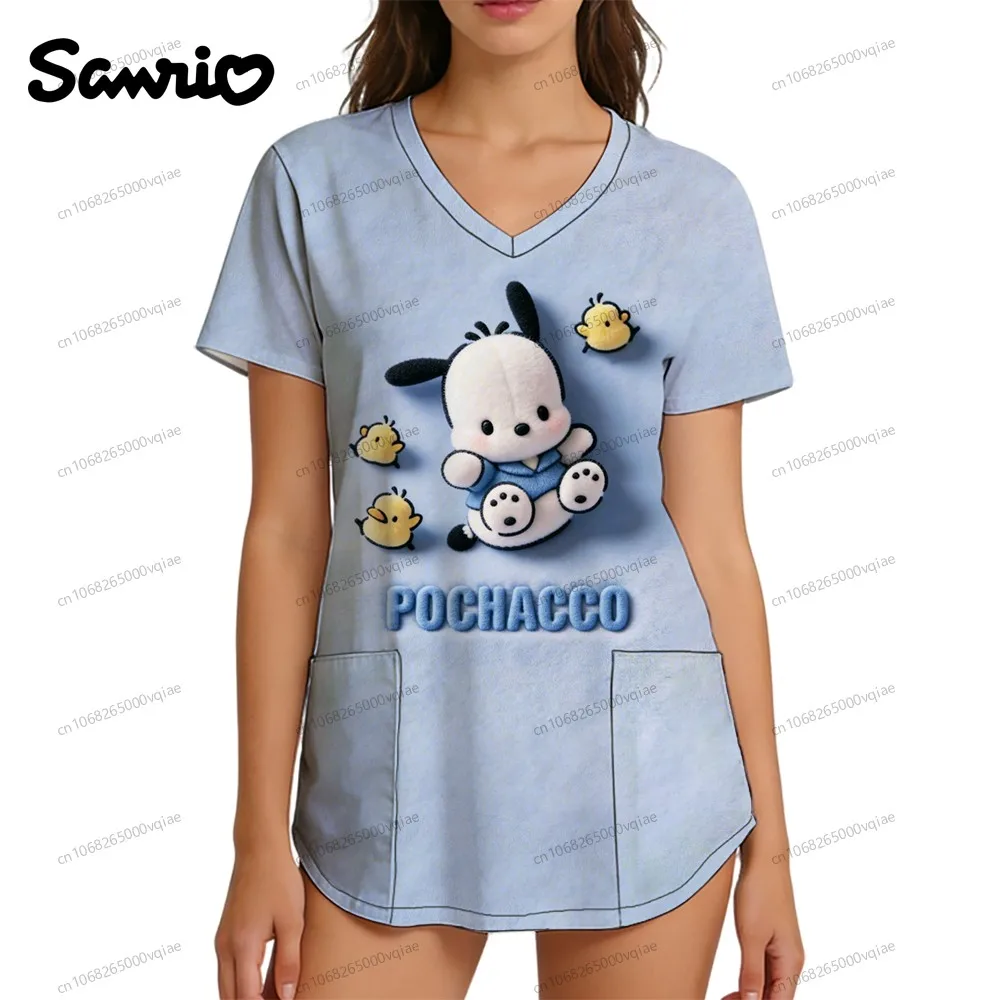 

Kawaii Nurse Uniform V Neck T Shirt Top Women 2026 New Fashion Women's T-shirt Summer Pochacco 3D Print Y2k Clothes Trend S-2XL