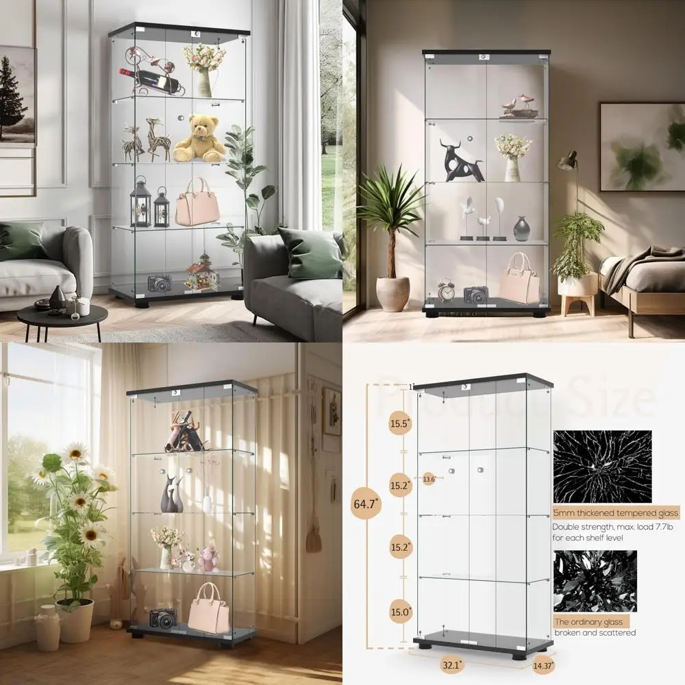

Шкаф-витрина со стеклянными дверцами быстрой сборки с замком, 4-уровневый шкаф Curio с полками из закаленного стекла толщиной 5 мм