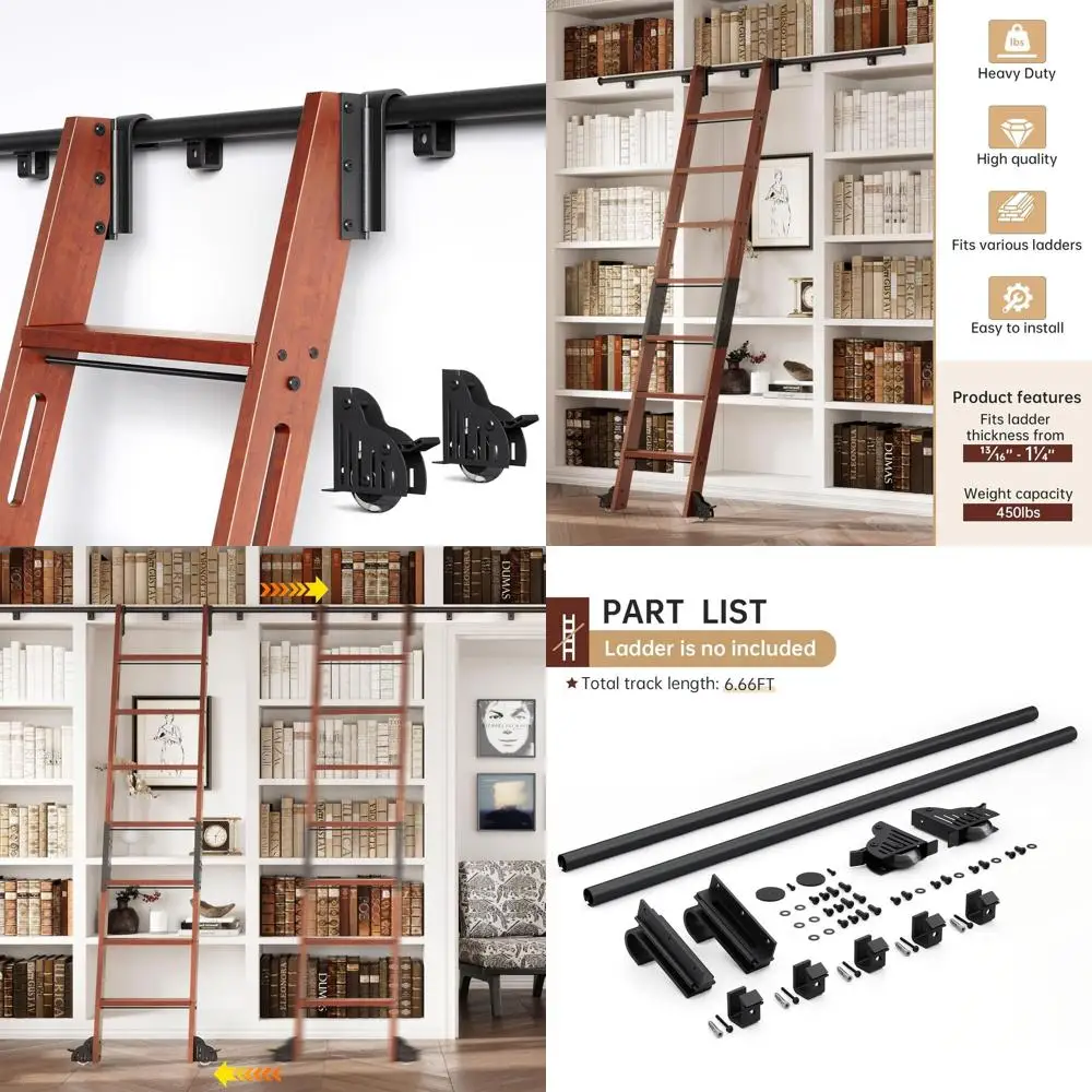 

Aluminum Telescopic Library Ladder Kit, 350lb Load, with Braked Wheels and Hook, for Bookcases and Lofts