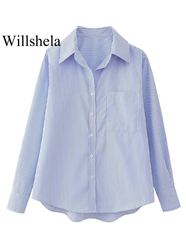 Willshela Women Fashion With Pocket Striped Single Breasted Blouse Vintage Lapel Neck Long Sleeves Female Chic Lady Shirts