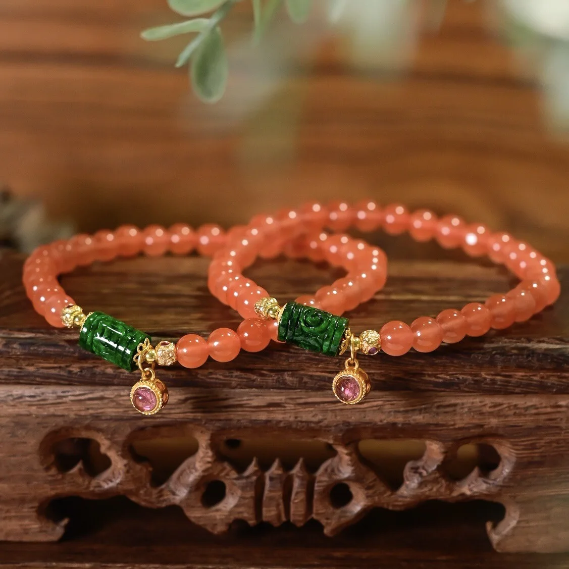 Natural Cherry Red Agate Bracelet Grade A Carved Dry Green Jadeite Tourmaline Charm S925 Silver Women Hand Jewelry