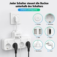 Eu German plug wall-mounted power socket 4000W with 3 USB-A + USB-C independent switches short wire 3cm child safety door