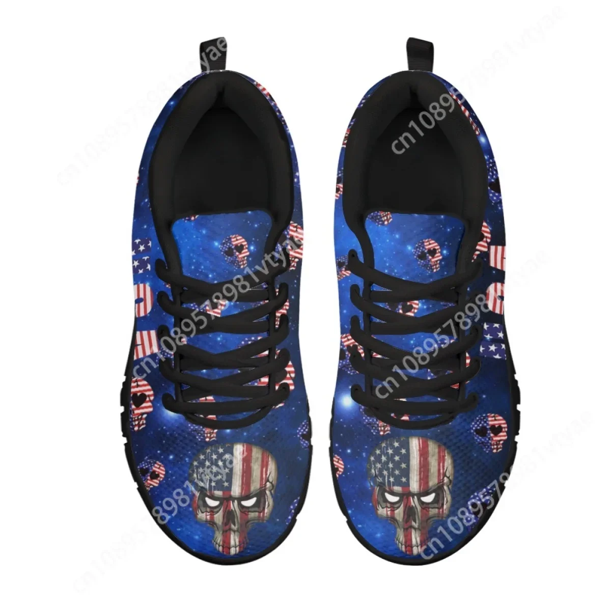 Custom Made Stylish American Skull Galaxy Design Ladies Lace up Running Sneakers Casual Flats Light American Flag Mesh Shoes