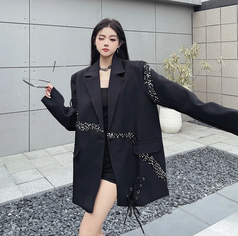 Blazer de lantejoulas de retalhos para mulheres design ombros acolchoados primavera outono nova tendência gótico preto jaqueta coreano cordão solto