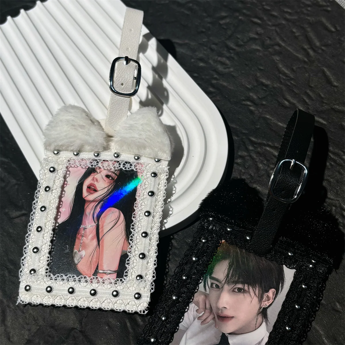 Plush Cat Ear Studded PU Card Holder Cute Simple Protective Card Holder with Keychain   Lanyard ID Card Photo Postcard Holder
