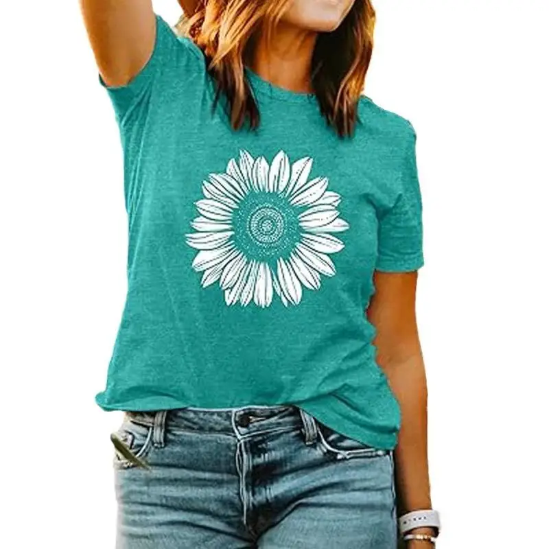 

Женская футболка с цветочным принтом из смесового хлопка и полиэстера, удобная для повседневной носки, с принтованным дизайном, женский топ