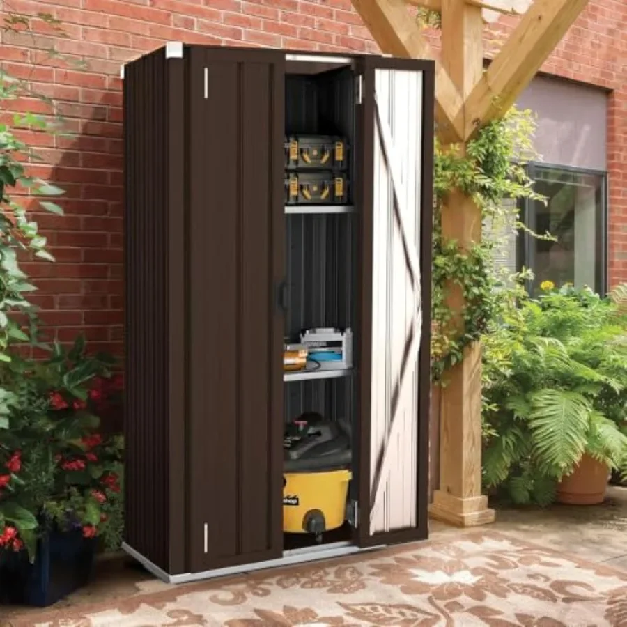 Outdoor Storage Cabinet Waterproof, 70 Vertical Tall with Base for Patio Use, Powder-Coated Steel, Charcoal Gray, Rust-Resistan