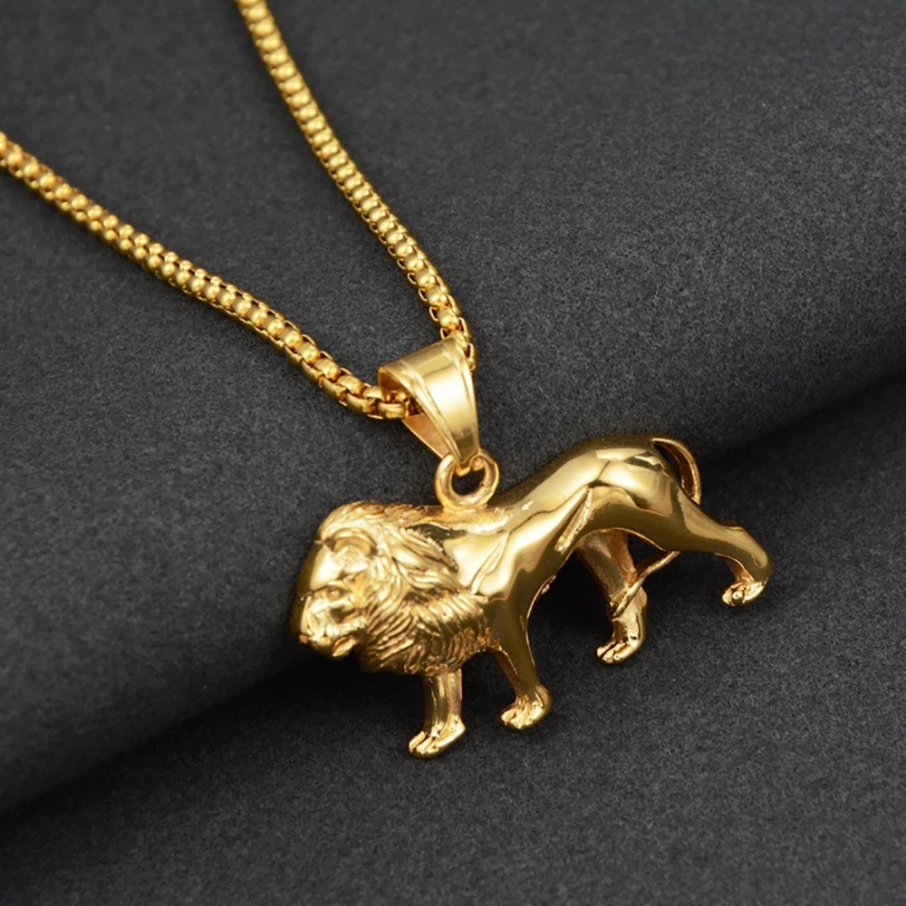 Stainless Steel Lion Necklace for Women/Men,Gold Color Lions Head Pendant Animal Jewelry,Africa Lion Ethiopian Best Gift