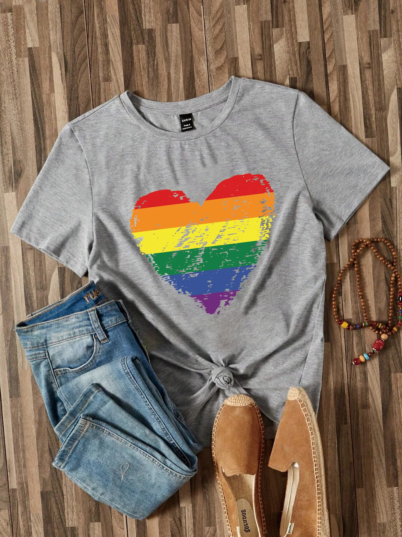 Pride Rainbow Stripe Heart Women T Shirt Summer Fashion Short Sleeved T-shirt Printed O-neck Casual T-shirt Women\'s Clothing