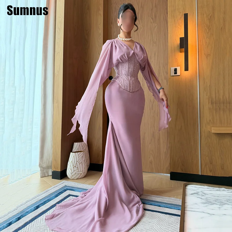

Sumnus Elegant Purple Evening Dresses Chiffon Mermaid V-Neck Maxi Beading Formal Prom Dresses فساتين Train 2026 Customized