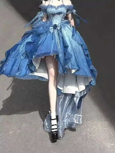 Imagen 2 del producto Dophee Original Lolita vestido hinchado de cola para mujer parte delantera corta espalda larga princesa vestido de novia de flores azules elegante sin hombros