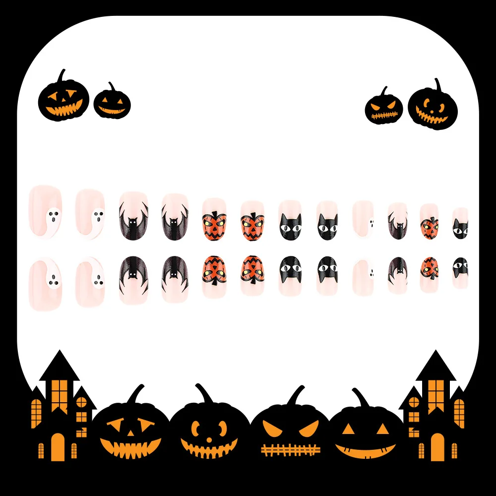 24 Pcs/Box New Halloween False Nails Short Bright Almond Shaped Wearable Nails Pumpkin Bat Party False Nails Reusable