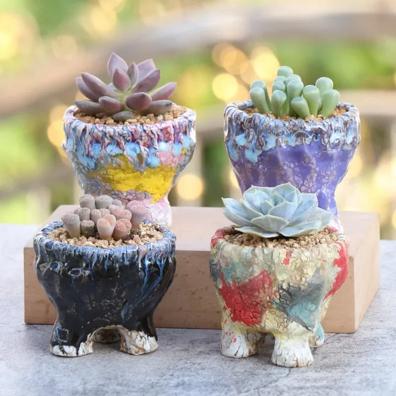 Burst Flow Glaze Fleshy Flowerpot Creative Manual Home Decoration Small Thumb Basin Breathable Coarse Pottery Basin