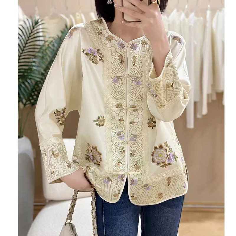 Spring New O-Neck Acetate Fabric Sunflower Embroidery Splicing Lace Coat Exquisite and Elegant Handmade buckle Women's Top S-XXL