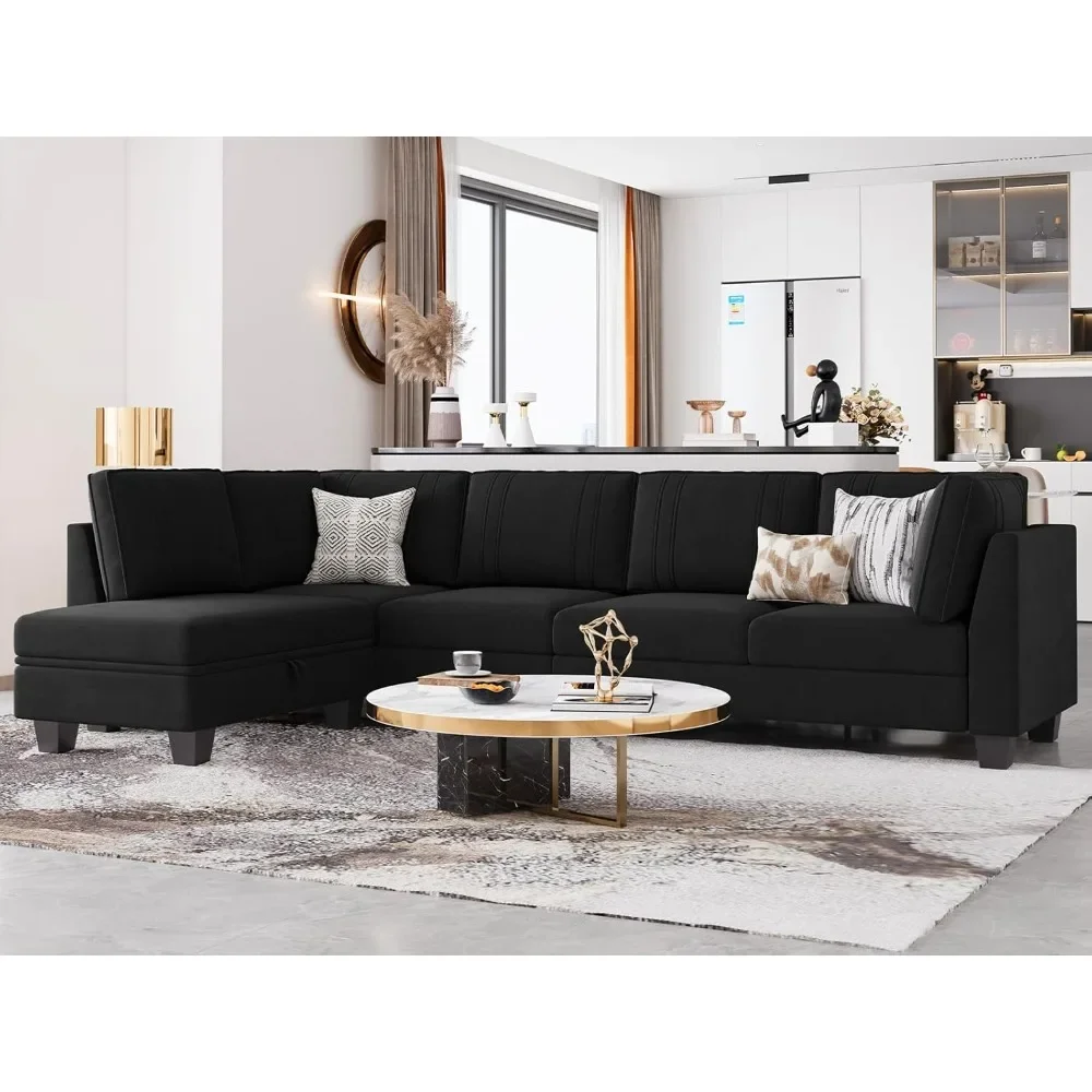 

4 Seater Sectional Sofa with Reversible Chaise, Velvet L Shaped Sofa Sectional Couch with Convertible Storage Ottoman Black