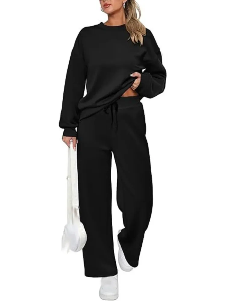 

Повседневный комплект с капюшоном для женщин, модный спортивный топ с длинным рукавом и круглым вырезом + широкие брюки с высокой талией, комплекты из 2 предметов, женская новая одежда, осень