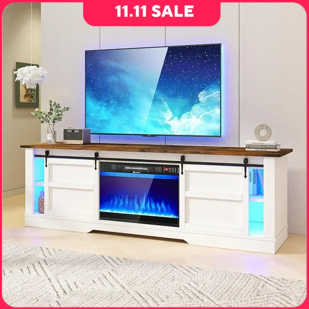 TV Stand LED Light with Set of Shelf Modern Entertainment Center with Sliding Barn Door and Cabinet Electric Fireplace TV Stand