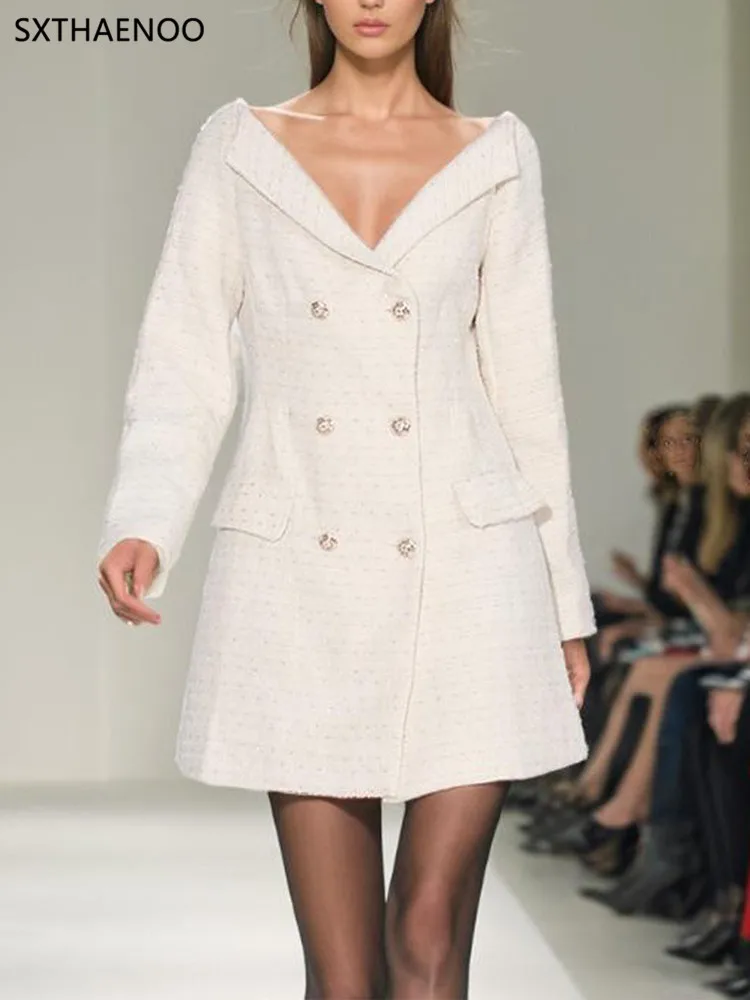 

SXTHAENOO Temperament Mini Dresses For Women Slash Neck Long Sleeve High Waist Patchwork Double Breasted Dress Female Fashion