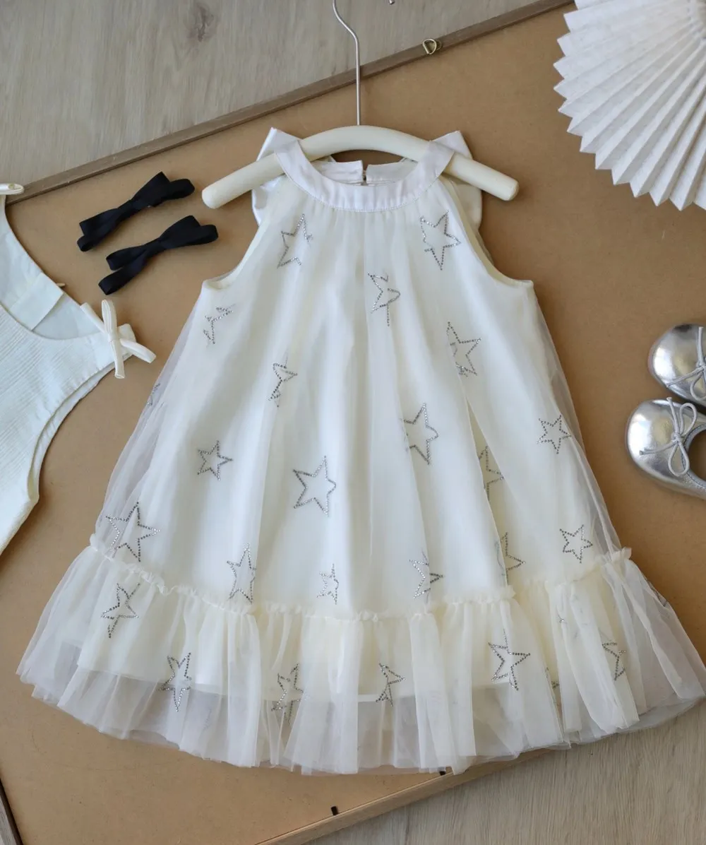 

Fashionable vacation style girls' dress baby girls clothes Star patterned mesh girls' summer dress Princess dress