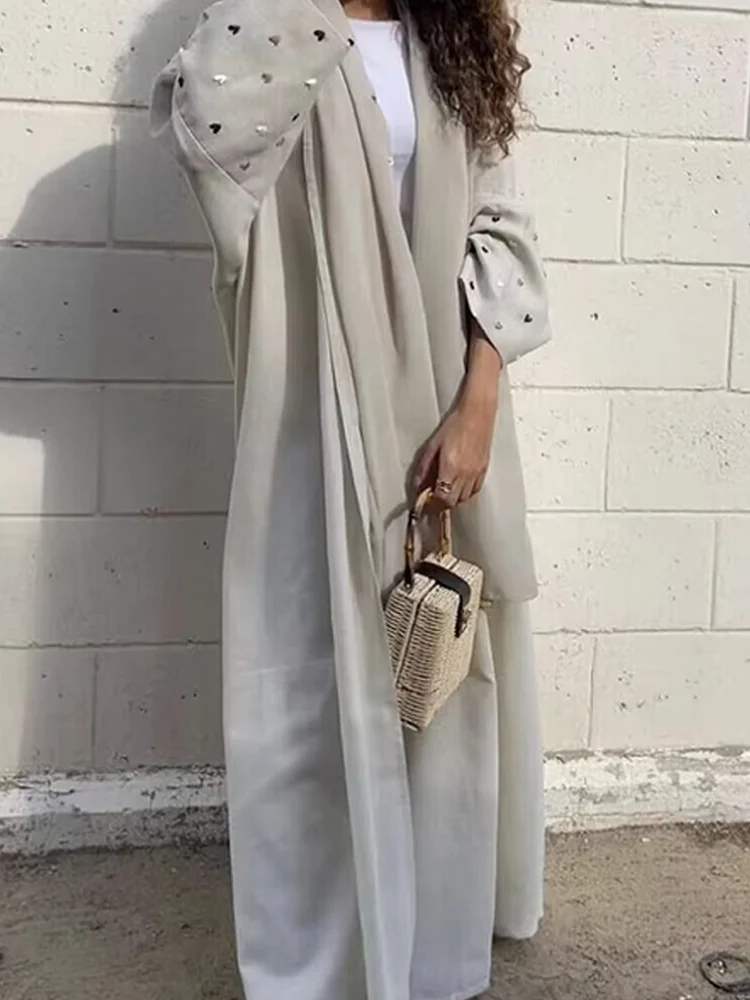 Abaya de lino abierto con bordado de Luna y corazón para mujer, conjunto musulmán holgado con manga de murciélago, vestido interior sin velo, 2024